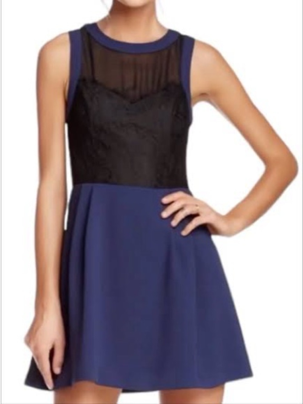 BCBGeneration Navy and Black Sleeveless Lace-Illusion Fit-and-Flare Mini Dress